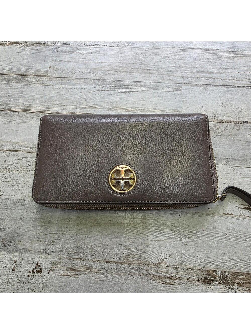 Tory Burch Carson Zip Around Continental Wallet Gray Gold Pebbled Leather